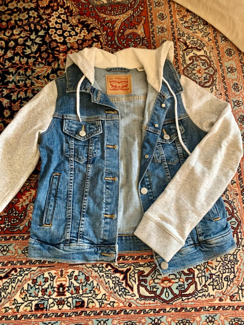Levi's Blue Denim Jacket with Light Gray Hoodie Sleeves